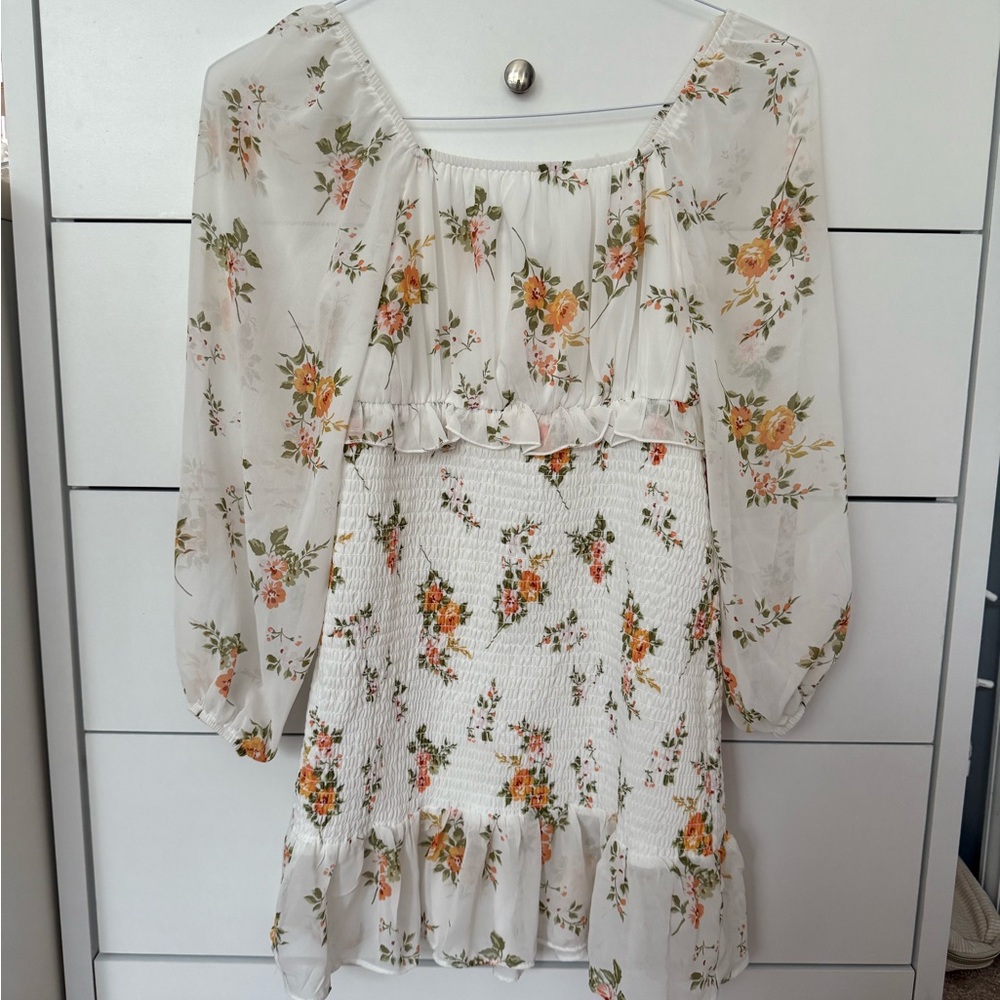Rare Editions White and Orange Floral Long Sleeve Dress